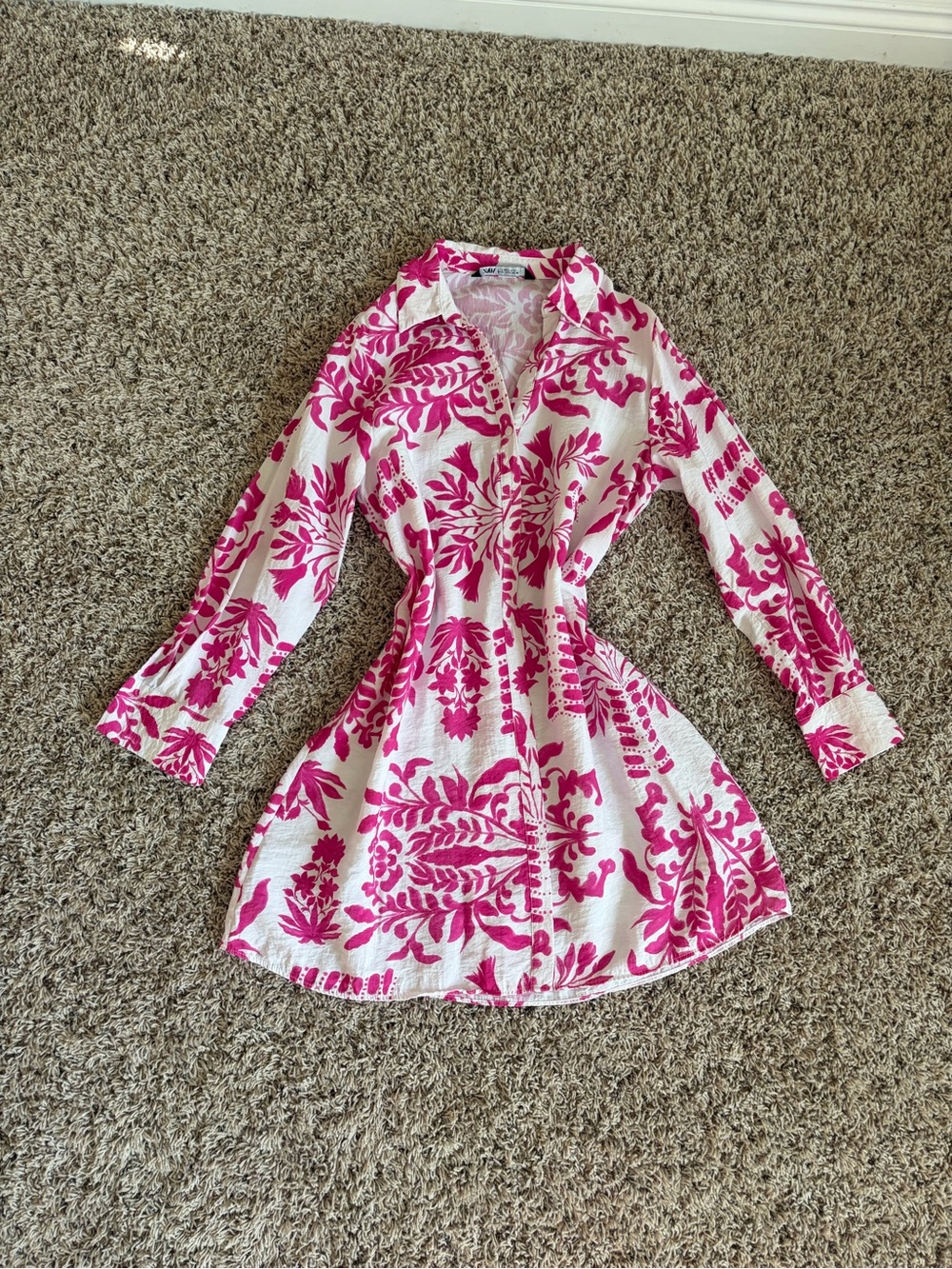 Zara Pink and White Tropical Floral Print Shirt Dress in pink & white size m